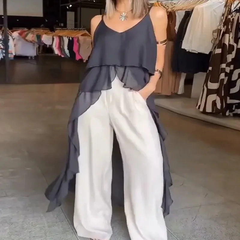 Blusa feminina longa com babados, elegante, lisa, sem mangas, casual, 2025, praia, decote em V, costas nuas, blusa feminina