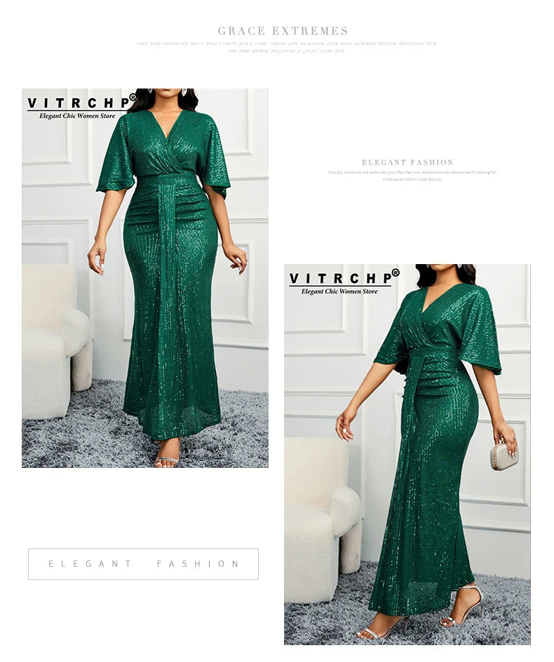 VITRCHP Batwing Sleeved Evening Dresses 2025 Mermaid Sexy V Neck Gown Prom Glitter Elegant Short Sleeves Long Party Dress