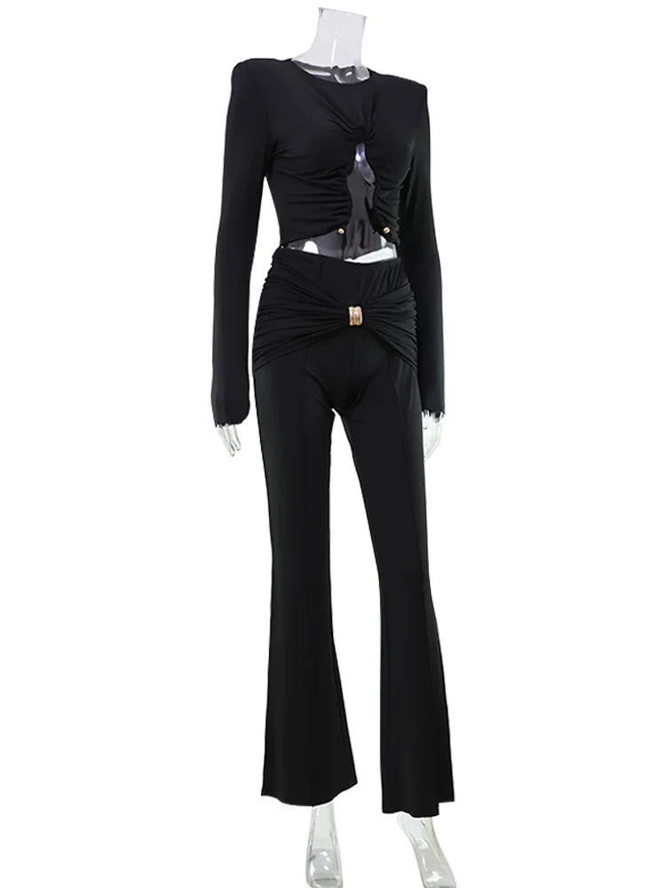 Ahagaga Autumn Fashion Women's Sets Solid Regular Long Sleeves O-Neck Skinny 2Pcs (Tops+Pants) Knot Casual Streetwear Folds Suit
