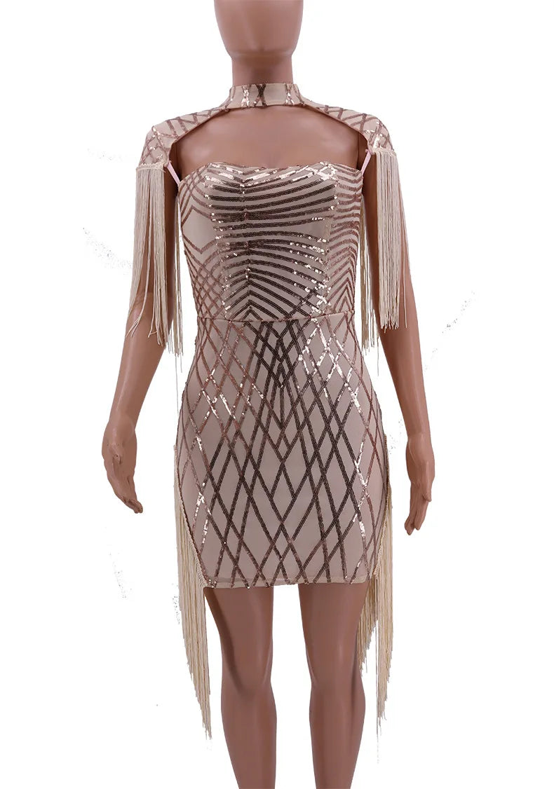 Women Fashion Elegant Sequins Tassels Mini Bodycon Party Dress