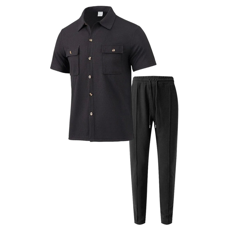 Conjunto de duas peças masculino, camisa casual leve, cor sólida, bolso com botão, tendência waffle, manga curta, calça, verão 2025