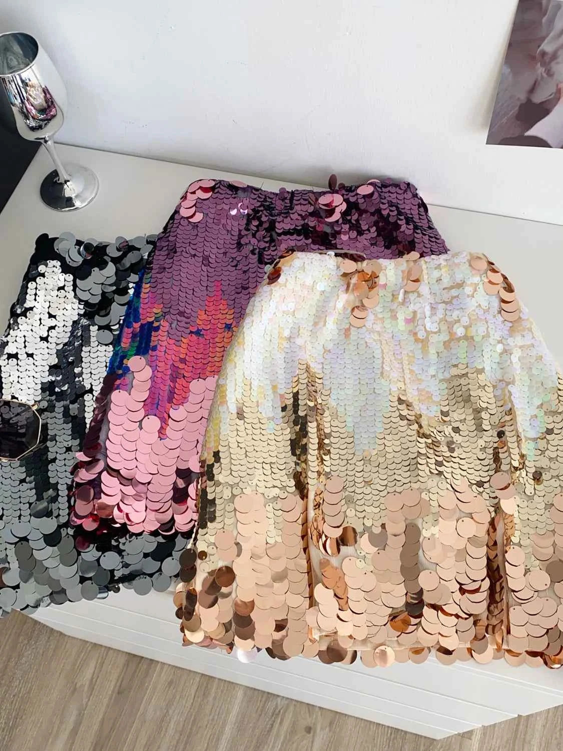 Glittery High Waist  Skirt Women's Summer Heavy Embelliment Bodycon ort Skirt Korean Sle A-Line Skirt Slimming Effect