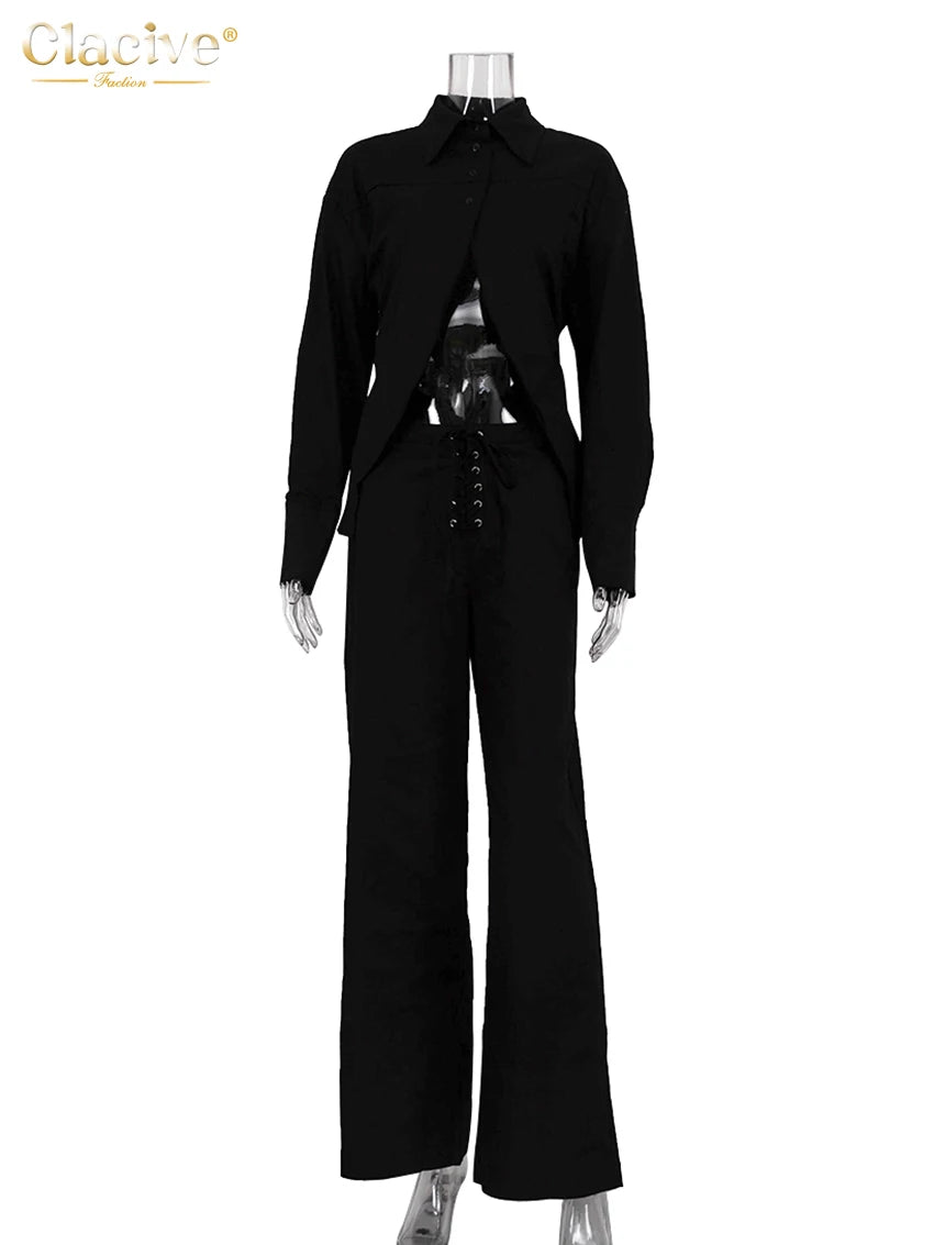 Conjunto de Duas Peças Elegantes Camisa de Manga Longa com Cintura Média Calças Largas Conjunto Streetwear