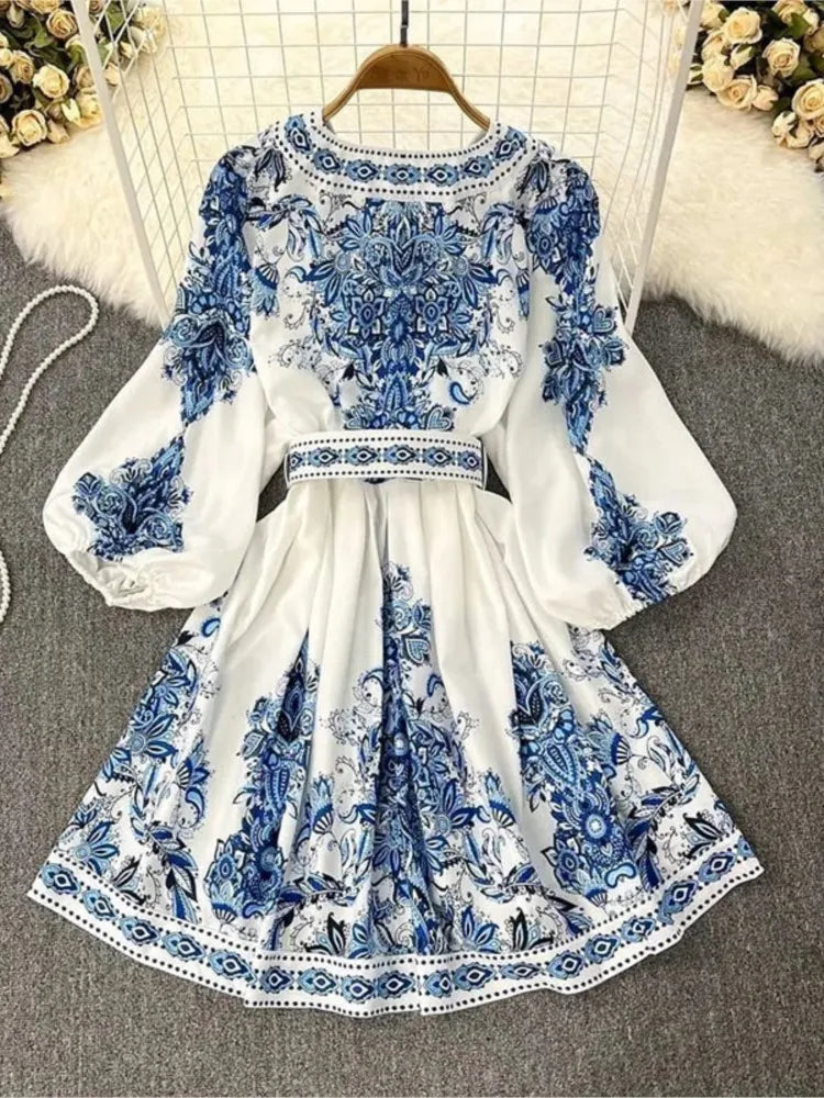 Vestido feminino elegante  manga lanterna, decote em V, estampa boho, vestido vintage, cinto solto, vestidos de festa