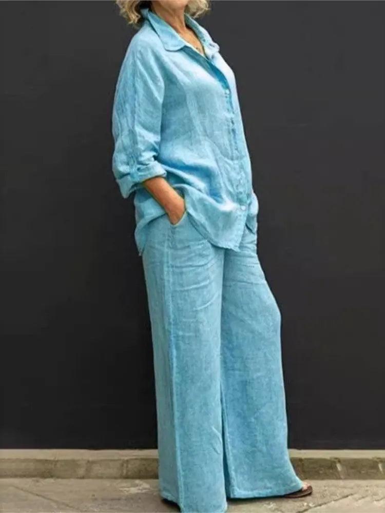 Solid Color Cotton Linen Shirt 2 Piece Set For Women Spring Autumn Long Sleeve Blouse Wide Leg Pants Suits Female Casual Outfits - CRAVO ROSE