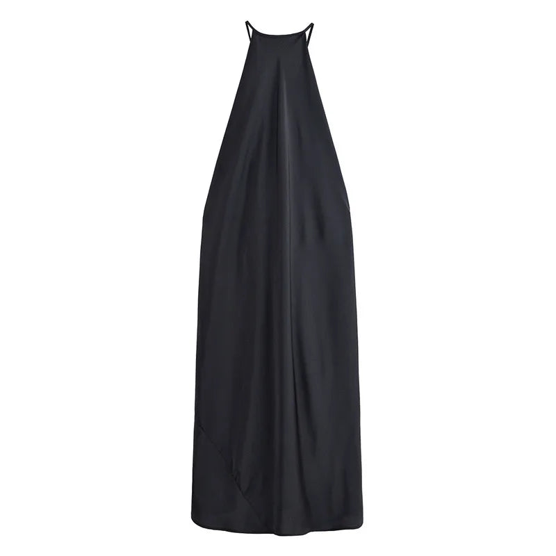 Elegant Satin Halter Backless Maxi Dress Women Loose Pleated O-neck Sleeveless Party Dresses 2026 Summer Lady Chic Holiday Robes