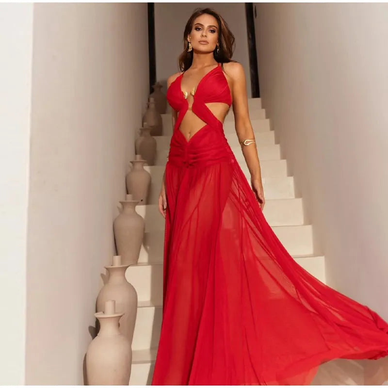 Vestidos longos sensuais vazados  plissados, chiques, decote em V, frente única, sem mangas, costas nuas, linha A