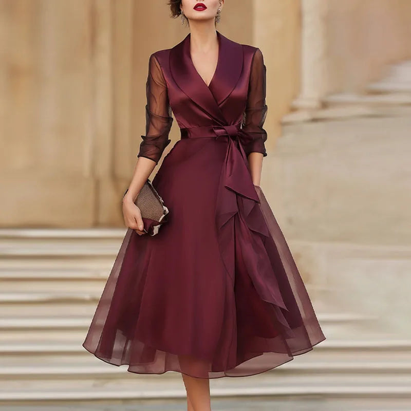 Women's Notched Collar Satin Workwear Dresses Spring Solid Tie-up Bow Mesh Long Dress New Summer Sheer Sleeve A-Line Party Dress