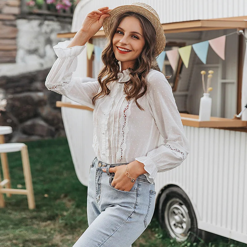 Blusa moda casual, babados, gola V, manga comprida, tops vazados, camisa solta para escritório, streetwear