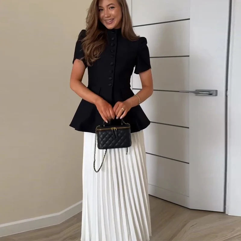 Elegant Short Sleeve Waist Single Breasted Top Pleated Midi Skirts Fashion A Line Skirt Set for Women 2026 Spring Female Outfits