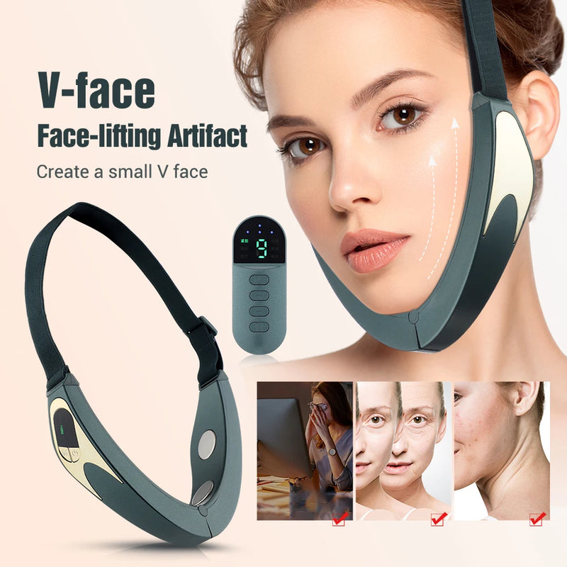 Massageador facial EMS V-Line Lift Up Belt Vermelho Azul Luz Facial Vibratório Massageador Dispositivo de Lifting Facial Reduz Queixo Duplo