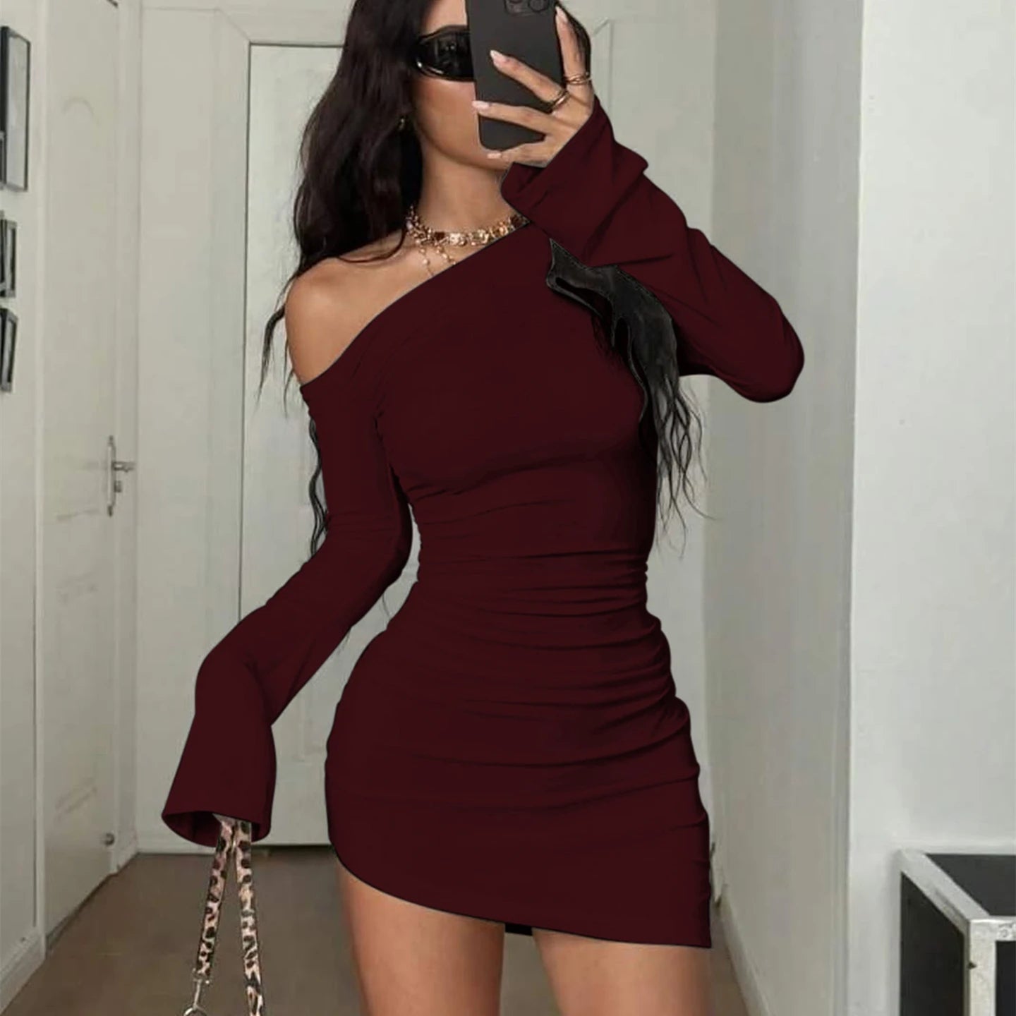 Dulzura Inclined Shoulder Long Sleeve Ruched Slim Irregular Mini Dress Women'S Solid Sexy Casual Dress Party Club Autumn Clothes