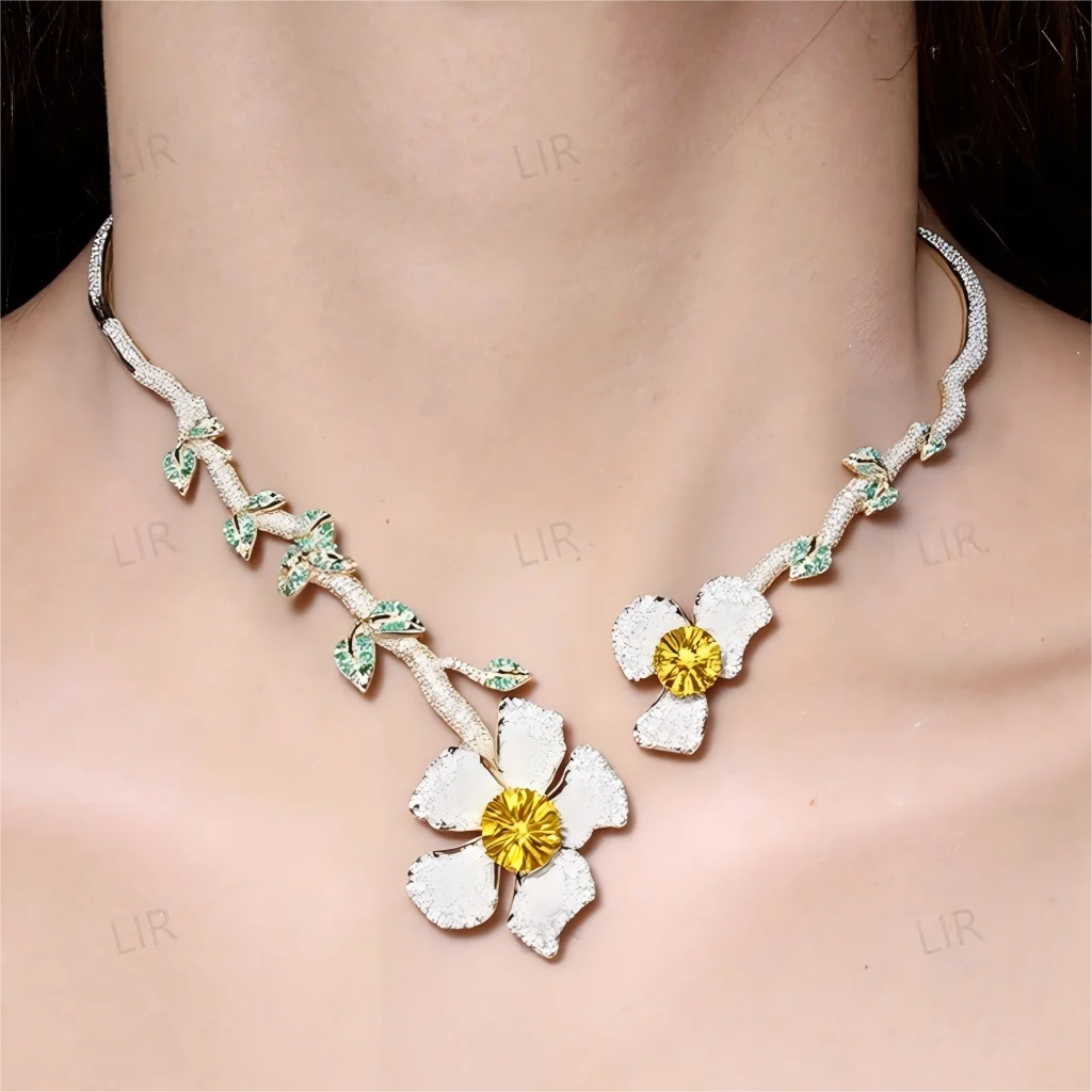 LIR Austrian Retro Jewelry Set: Floral Gem Vine Necklace, Prosperous Flower Zircon Earrings, Custom for Women