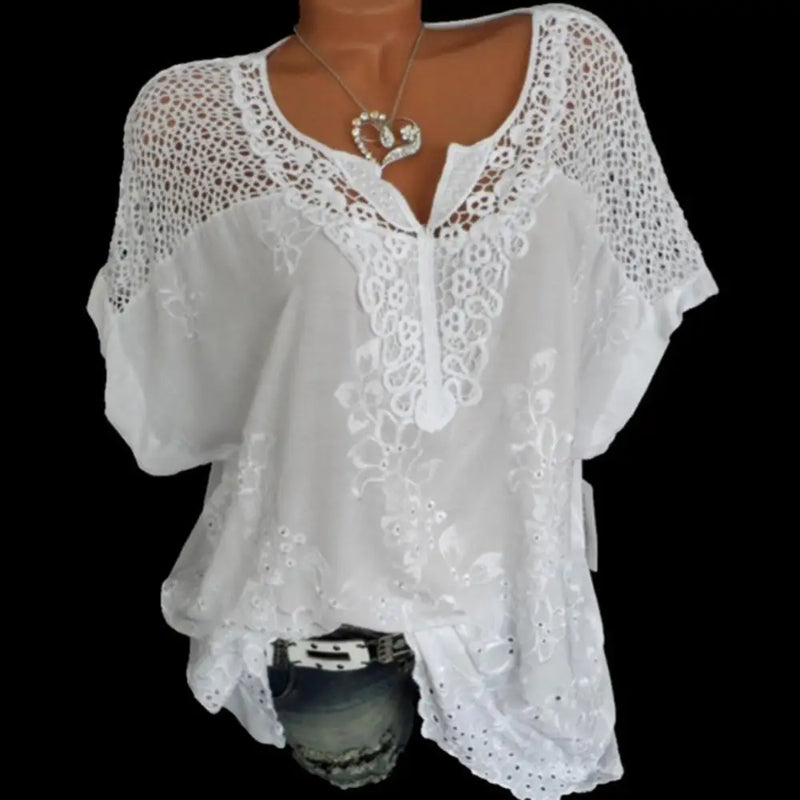 Blusas e tops femininos de manga curta, camisa solta de renda branca, patchwork, tamanho grande 4xl 5xl 6xl, tops femininos, roupas casuais