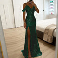Luxury Glitter Sequins Evening Gala Dress Women Banquet   Hollow Shoulder Hips Bag Dress Elegant V-neck Full Length Party Dress
