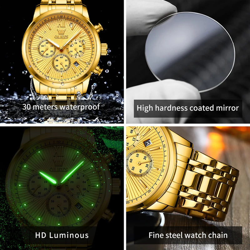 OLEVS Men's Watches Luxury Gold Fashion Wristwatch for Man Stainless Steel Waterproof Luminous Chronograph Date 24 Hour Display