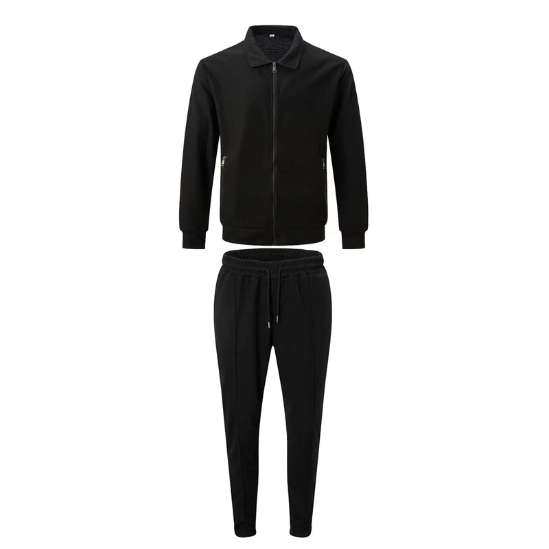 Casaco Outono Waffle Zíper Bolso Lapela Slim Cardigan Conjunto Jaqueta Masculina
