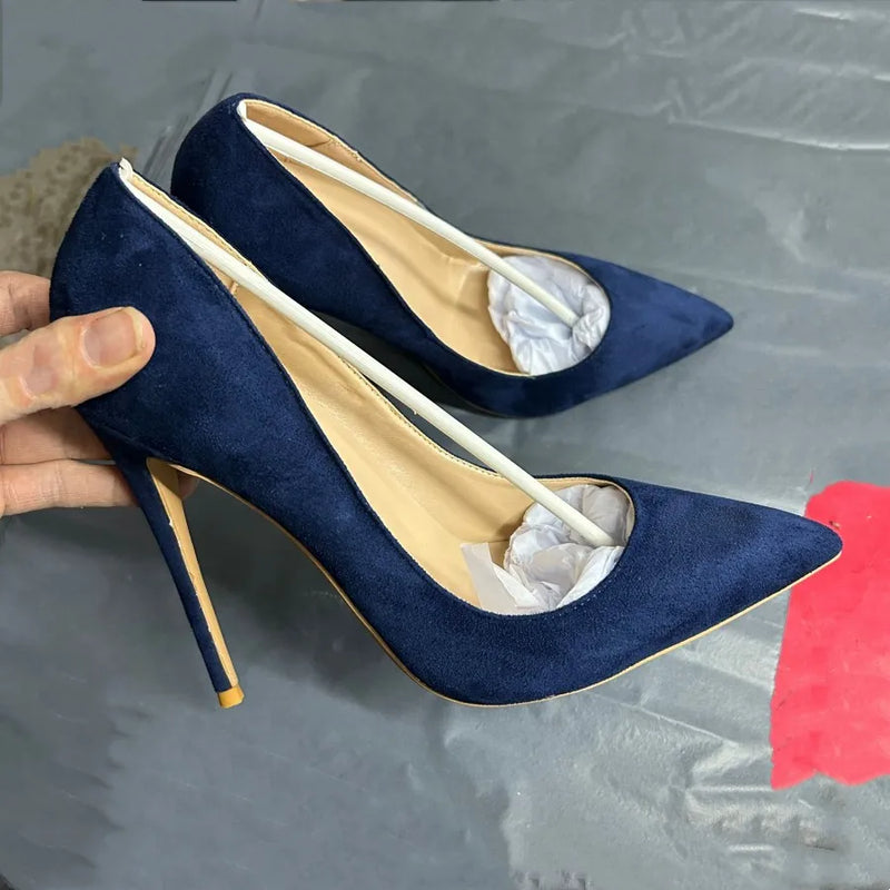 Sapatos de salto alto femininos de camurça sintética azul marinho, bico fino, sem cadarço, salto agulha OL feminino, 8, 10, 12 cm