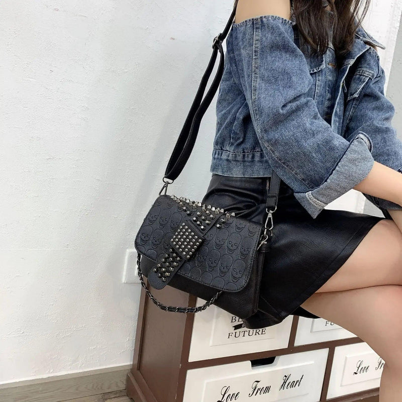 XOUHAM Messenger Bags for Women PU Single Skull Rivet Shoulder Handbags Sac A Main Bolsa Black Vintage Sexy Bag Lady Drop Chain - CRAVO ROSE