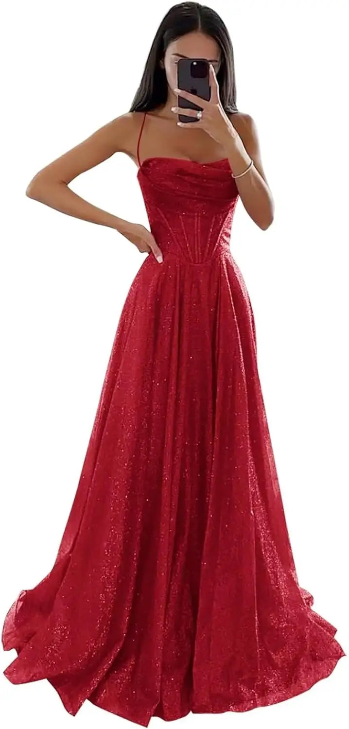 Spaghetti Straps Sleeveless Prom Dress for Women Long Shiny Tulle Formal Evening Party Gown with Slit Formal Dress Women Elegant