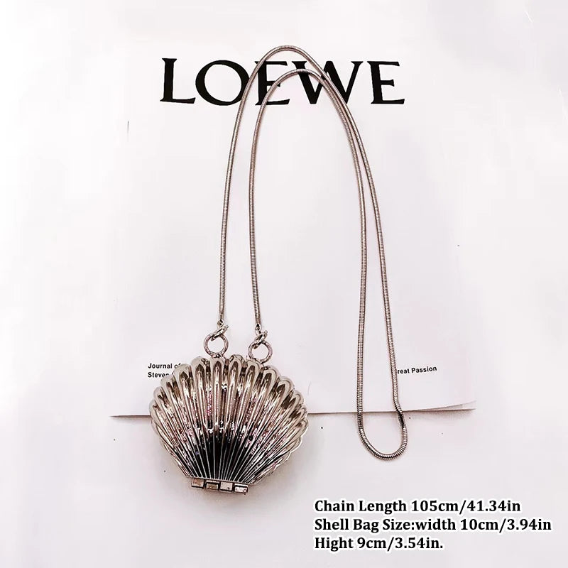 Metal Shell Bag Mini Lipstick Bag Pearl Chain Crossbody Bag Shoulder Bag Handbag Purse Waist Bag Women Makeup Jewelry Bag