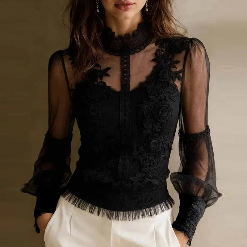 Spring Elegant Lace Mesh Hollow Sexy Blouses Women High Neck Embroidered Sheer Shirt Summer Vintage Smocked Waist Ruffle Hem Top
