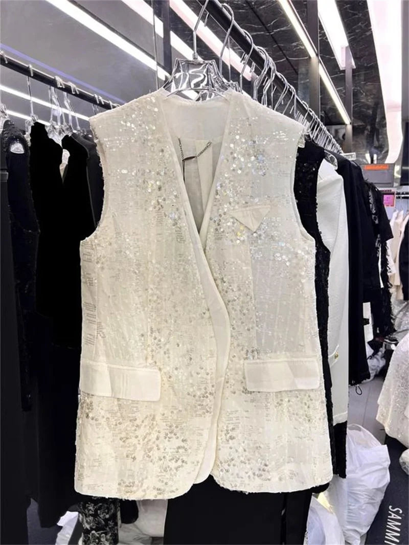 European Brand V-neck Temperament Socialite Sequin Jacket For Women, Mid To Long Style, Stylish Thin Style, Sparkling Top XQ145