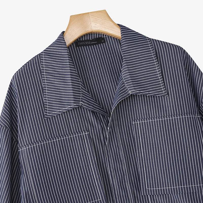 Women Korean Shirts 2025 ZANZEA Autumn Long Sleeve Striped Patchwork Blouse Fashion Tops Tunic Pockets Office Blusas Femininas