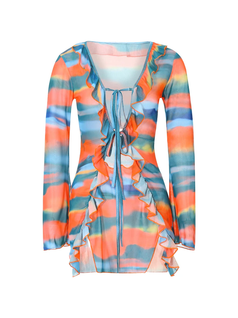 Women Mini Dress Long Sleeve Lacing Tie-dye Print Patchwork Slit Bodycon Dress for Club Party