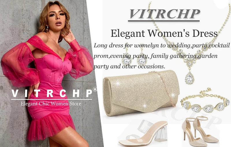 VITRCHP Batwing Sleeved Evening Dresses 2025 Mermaid Sexy V Neck Gown Prom Glitter Elegant Short Sleeves Long Party Dress