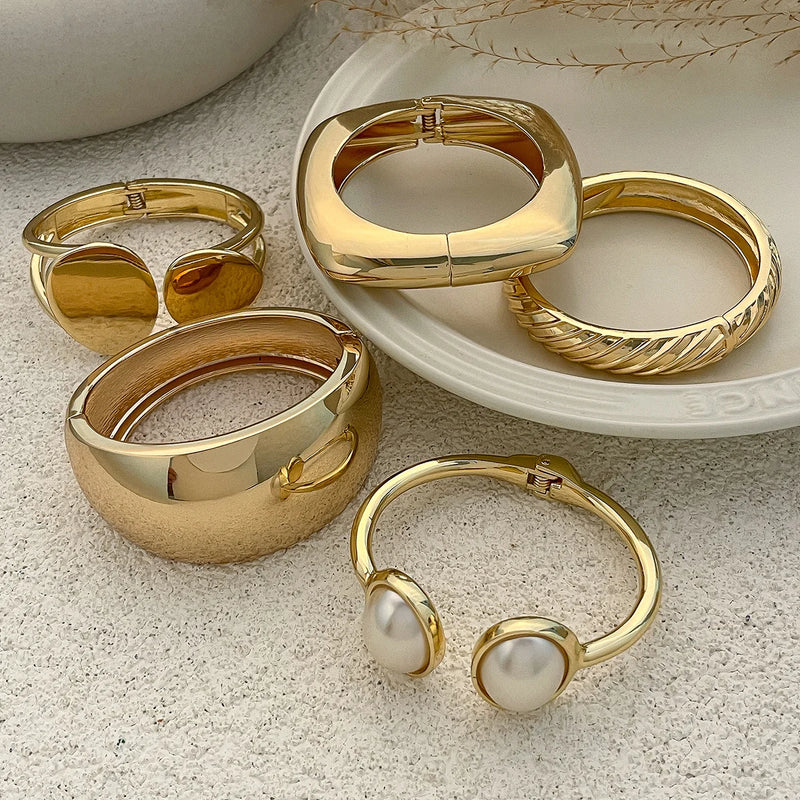 Ingemark Exaggerated Punk Smooth Heavy Metal Chunky Spring Bangles Women Hip Hop Gold Color Arm Bracelet Steampunk Men Jewelry