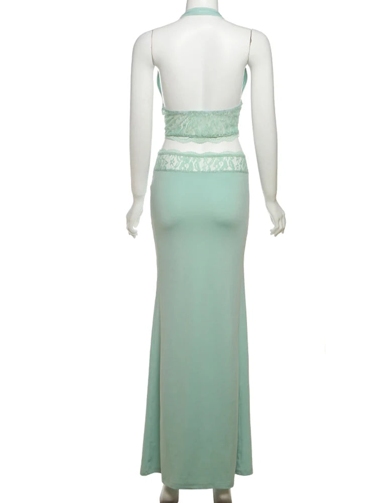 kliou Lace Patchwork Women 2 Piece Set Halter Fashion Backless Sheer V-neck Tanks+Trim Matching Long Skirts Mujer Elegant Suits
