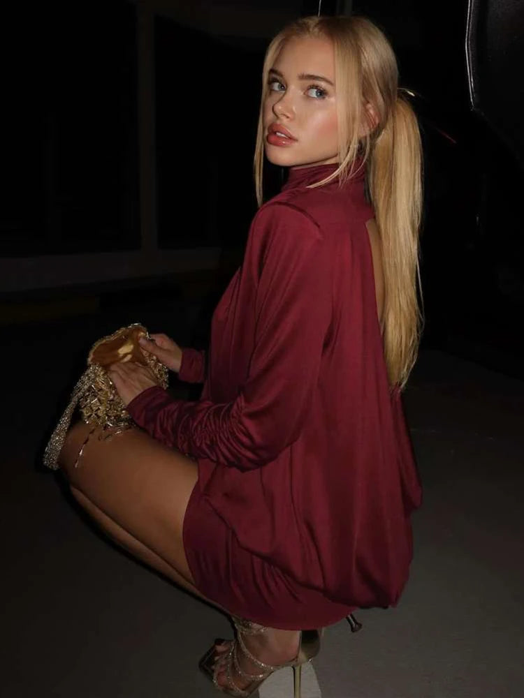 Nibber Backless Dress Women Full Sleeve Turtleneck Folds Solid Skinny Birthday Party Autumn Trend Elegant Chic Mini Bodycon