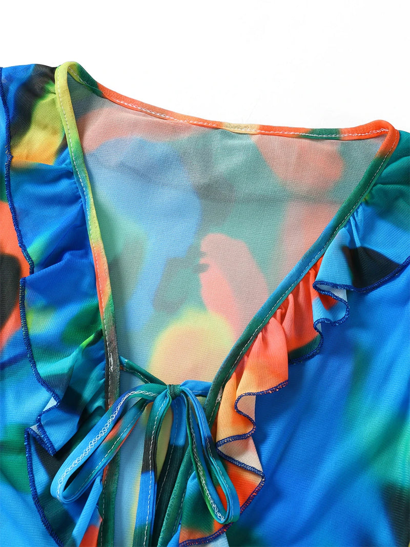 Women Mini Dress Long Sleeve Lacing Tie-dye Print Patchwork Slit Bodycon Dress for Club Party