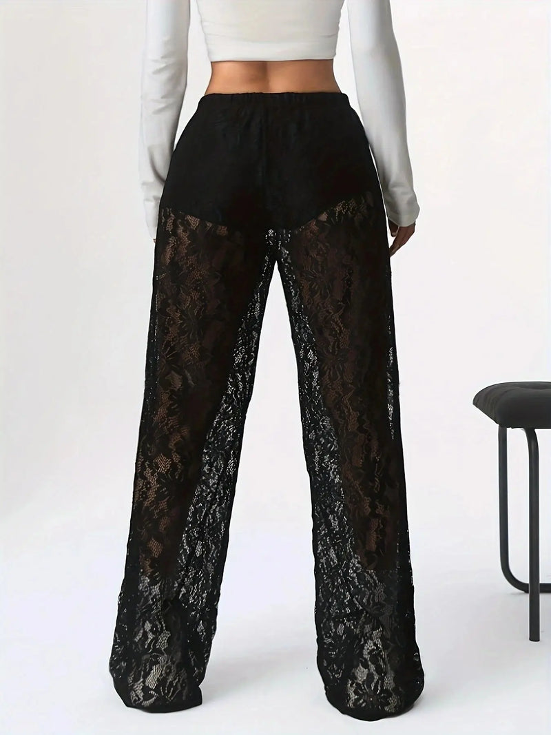 Calça casual de cintura renda jacquard micro transparente, emenda reta