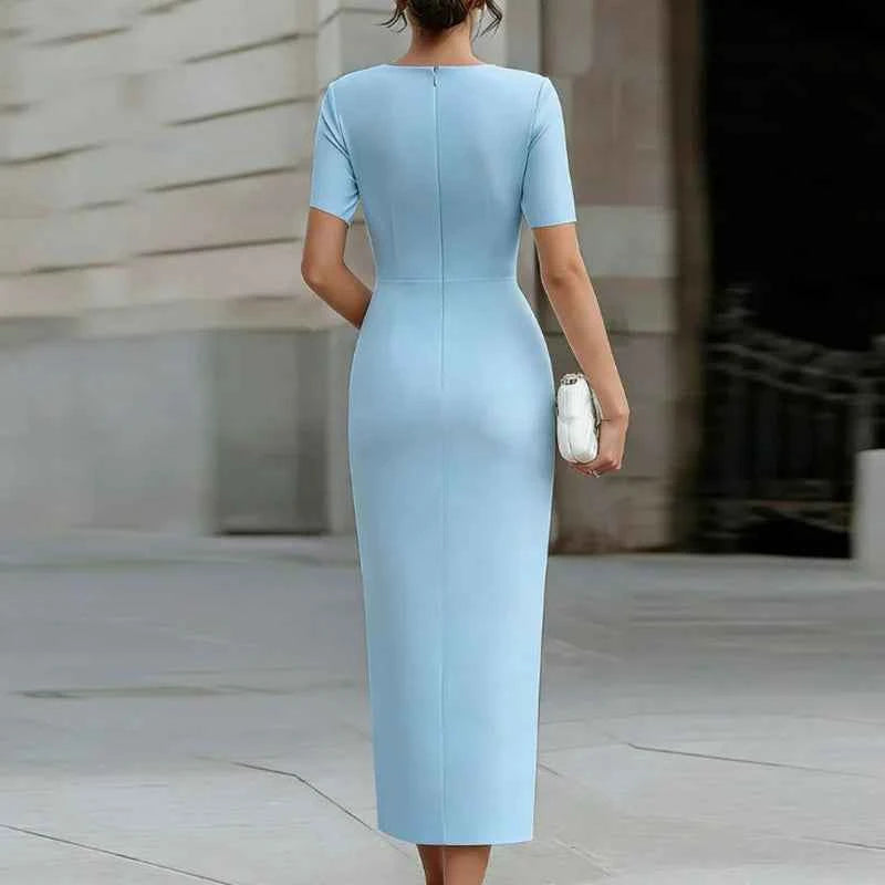 Classic Solid Pencil Hips Dress Women Summer Short Sleeve Pleated High Waist Office Dress Elegant Evening Guest  Bodycon Dresses