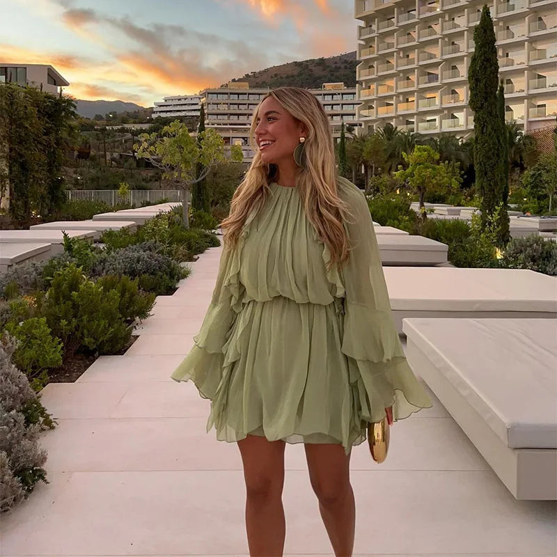 Elegant Women Green Irregular Ruffles Loose Mini Dress Fashion O Neck Full Sleeve Short Vestidos Spring Summer Chic Lady Dresses