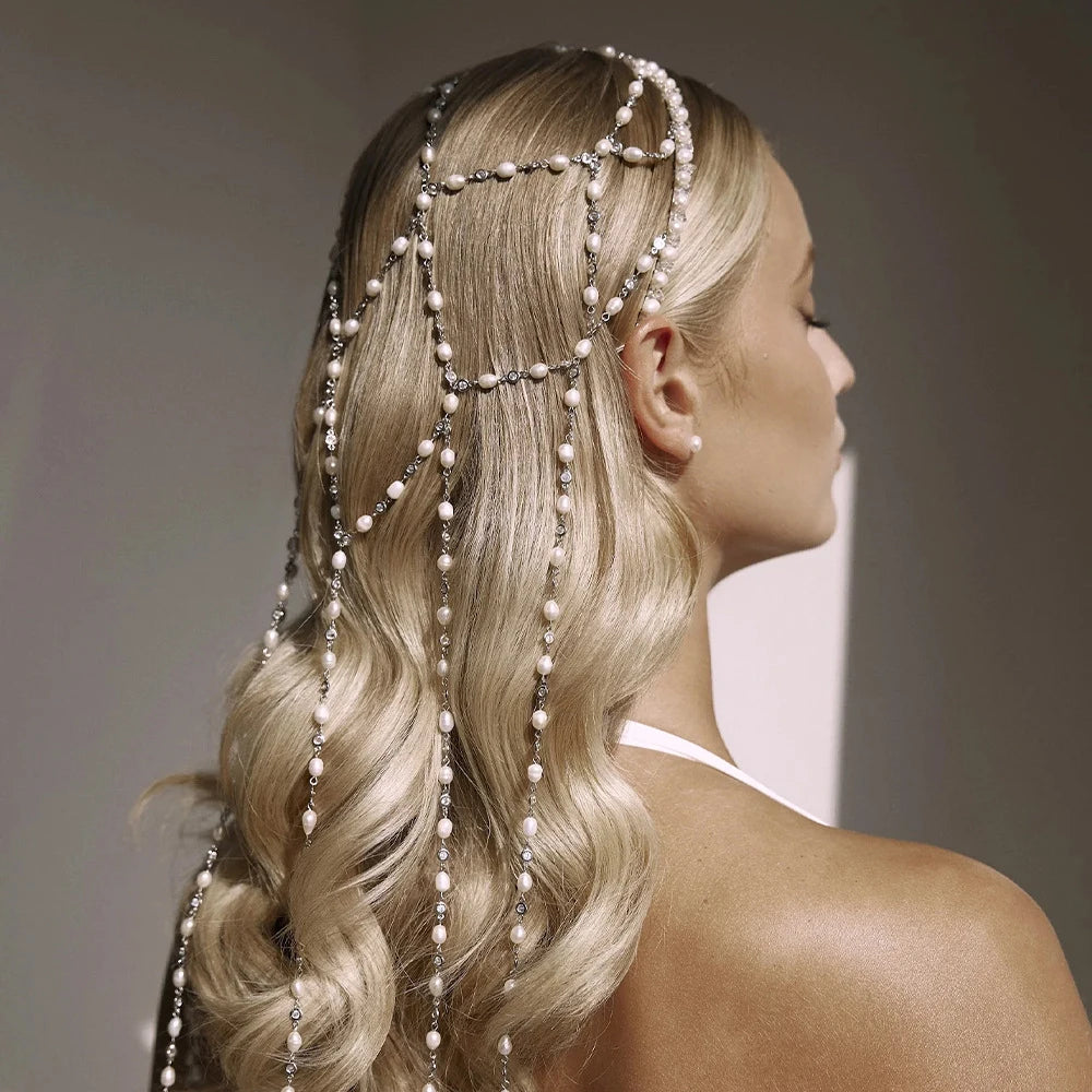 Bohemian Mesh Tassel Pearl Headband Chain Women Head Accessories Luxury Bridal Round Rhinestone Hair Chain Headpiece for Women