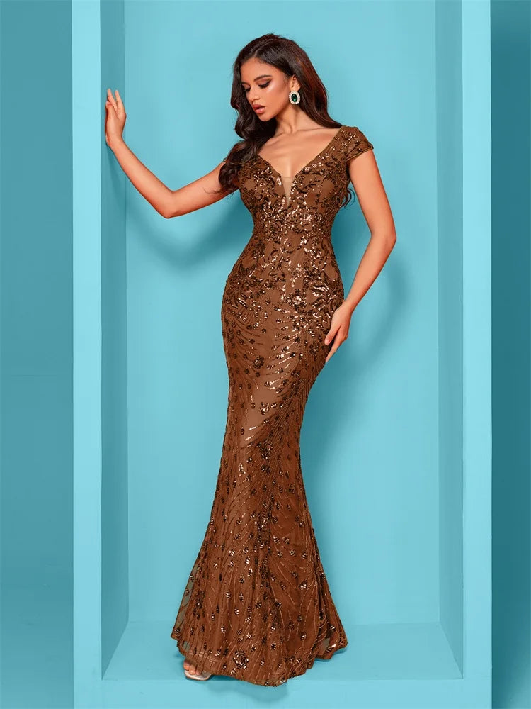Lucyinlove Elegant Cap sleeve Evening Dresses Women Luxury Embroidery Mermaid Formal Sequins Wedding Party Cocktail Gowns