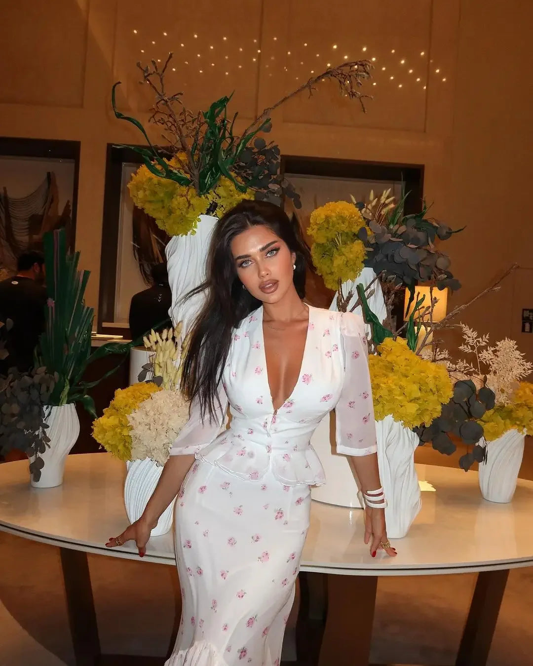 Women White Floral Print Maxi Dress V Neck Puff Sleeve Peplum Waist Fishtail Hem Chiffon Robe Elegant Party Wedding Guest Gown