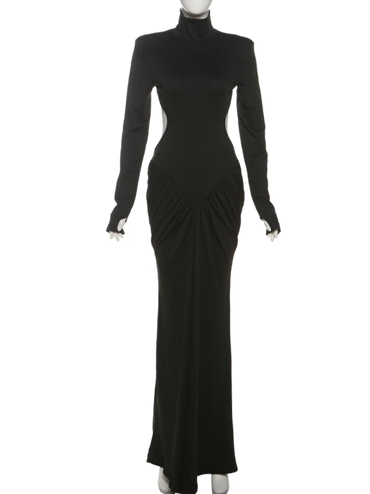 Weird Puss Backless Maxi Dress Women Shoulder Pads Long Sleeve Waistless Peach Buttocks Ruched Elegant Banquet Skinny Vestidos