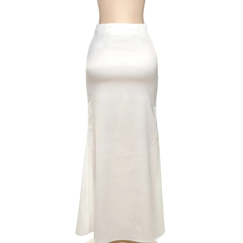 Trendix Elegant Satin Skirts And Vest Suits Women French Vintage Lace Tube Top High Waist Maxi Skirt 2 Piece Sets Womens Outfits