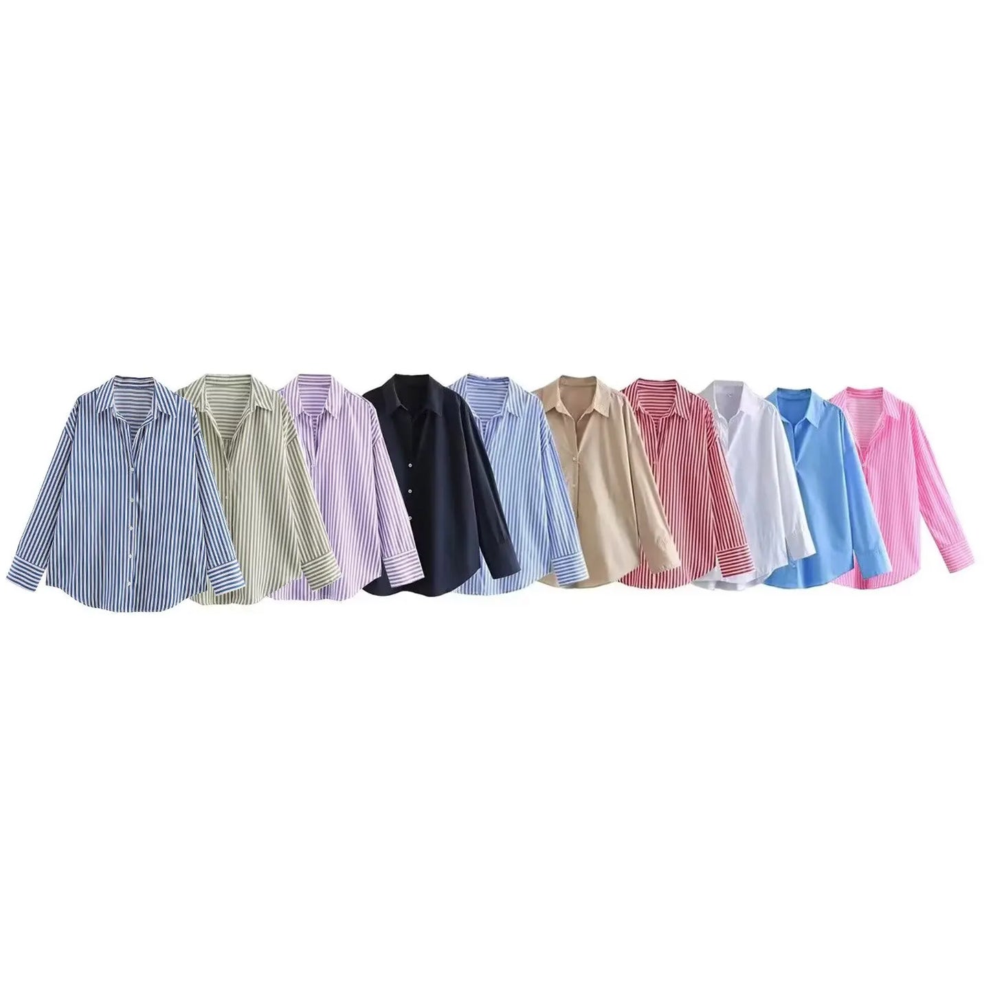 ETJ 2025 women's spring new Europe-American fashion striped long sleeve lapel loose version poplin shirt multi-color selection