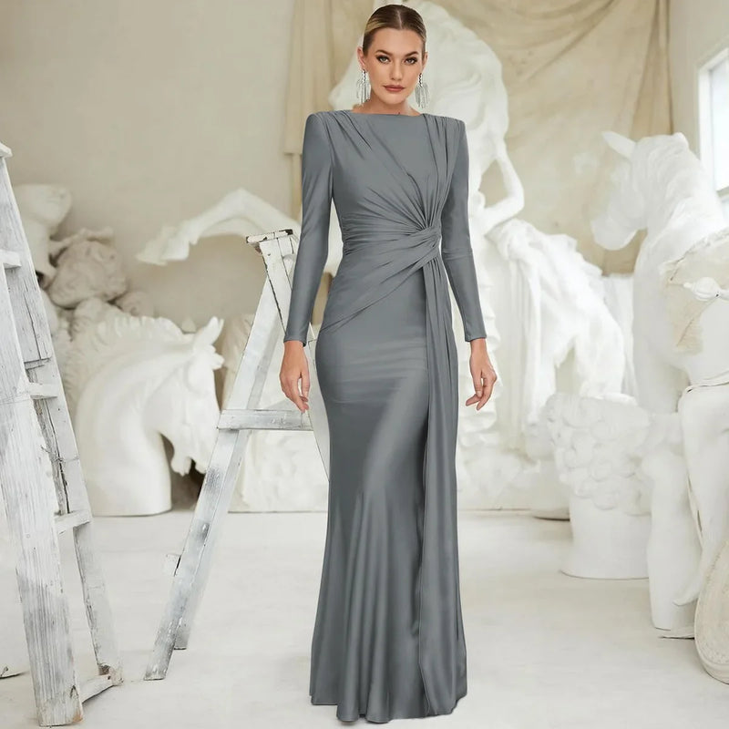 Elegant High Waist Folds Long Maxi Pink Dresses for Women 2025 Chic O-neck Long Sleeve Tunics Slim Solid Party Evening Dress