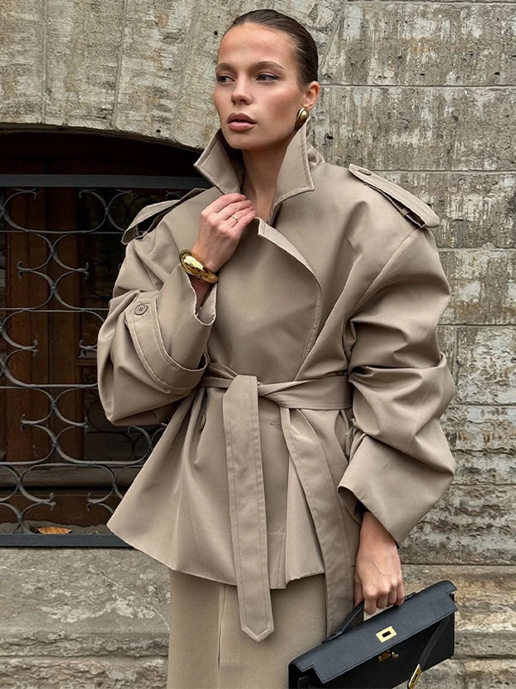 Women Lapel V-neck Belt Trench Coat Fashion Lace Up Full Sleeve Button Short Thin Windbreak 2025 New Lady Daily Street Outerwear