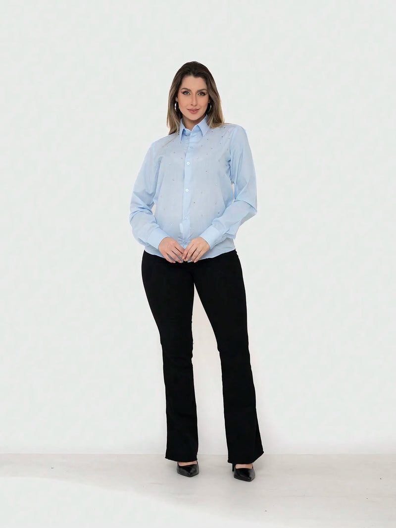 Women's KIT 2 Pieces-Baby Blue Social Shirt Long Sleeve with Rhinestone and Trousers Flare Jeans Black Lift Butt