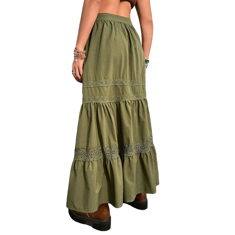 Saias plissadas vintage verdes dos anos 90, boho, férias, cintura alta, saias longas, retrô, Y2K, Fairycore, roupas fofas com acabamento em renda
