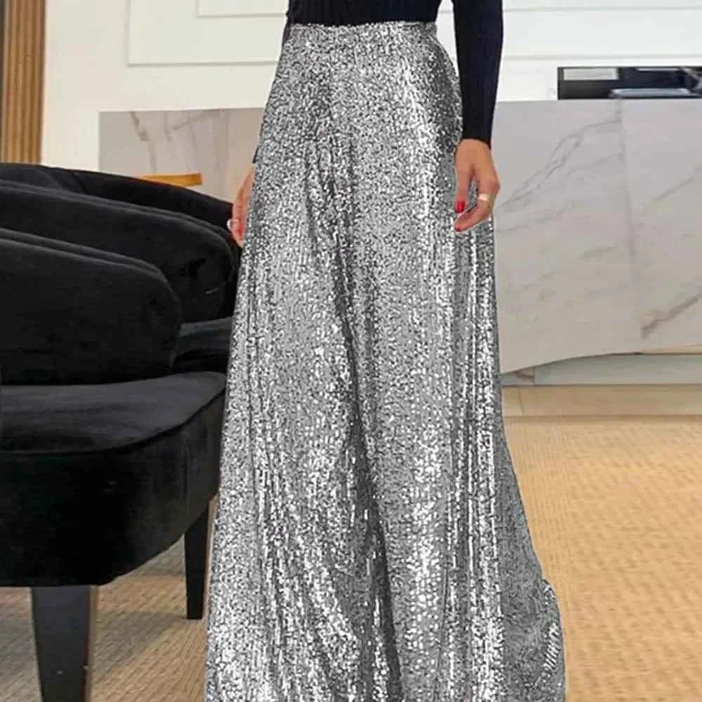 Women's Elegant Golden Thread Wide Leg Pants High Waisted Sparkle Trousers Glamorous Party Clubwear Shiny Evening Fashion Bottom