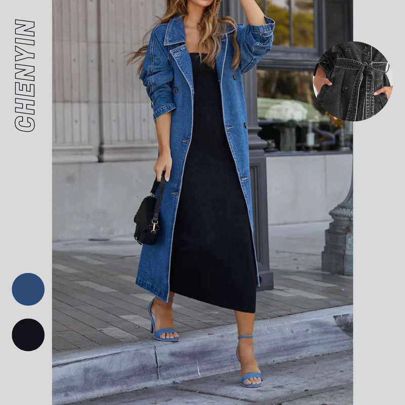 Women's Autumn and Winter New Fashion Denim Cotton Trench Coat Solid Color Double Pocket Long Single-breasted Loose Denim Coat