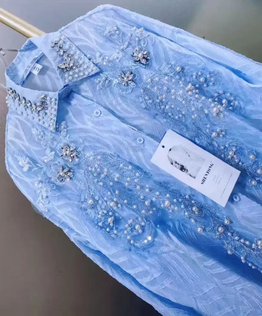 Luxury Pearls Beads Stitch Blue Blouses Shirts For Women 2025 Spring Summer New Fashion Trend Loose Casual Tops Blusas